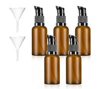 KTPCN 5 Pcs 30ml Botellas de Vidrio Ambar, Dispensadores de Bomba de Vidrio Marrón, Botellas de Bomba de Vidrio Vacías Rellenables para Aceite Esencial de Viaje Crema Loción, con 2 Embudos