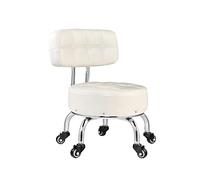 Ktrezs Taburete de Rodadura Baja con Rueda y Respaldo, Asiento de Rodillo taburetes de Rodadura Cortos de Piel de PU pequeños taburetes para Oficina en casa Tienda salón co White