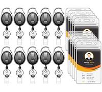 KTRIO Paquete de 10 soportes retráctiles para insignias de identificación con clip de carrete de mosquetón resistente, porta tarjetas de identificación transparentes de estilo vertical con cable de Kevlar de 28 pulgadas