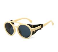 KTUCN Gafas de sol Steampunk para hombre, de cuero, redondas, con visión nocturna, estilo punk vintage, para senderismo, conducción, UV400, beige, HFA, 001