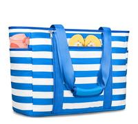 KTUEOV Bolso Playa Grande XXL Familiar, 45L Impermeable Bolso Playa Mujer con Cremallera 12 Bolsillos Saco de Praia Plegable y Lavable para Piscina, Viajes-Compartimento para Artículos