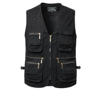 KTWOLEN Chaleco de Pesca para Hombre Chaleco Tipo Safari de Fotografía Algodón Coletes Sin Mangas de Caza con Multibolsillos, Negro, M
