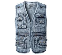 KTWOLEN Chaleco Tejano para Hombre Multibolsillos Chaqueta Vaquera Moto sin Mangas Chaleco Tela Vaquero Vintage Chaleco de Jeans, Azul claro, L