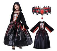 KTWSUEF Disfraz Vampiresa Niña,Disfraz Vampiro Niña Gótico con Collar, para Halloween Carnaval Cosplay Fiesta-M (8-10 años)