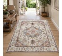 KTYUTJDH Alfombra oriental vintage, blanco, beige, gris, rosa, azul, rectangular, 180 x 240 cm, alfombras grandes y suaves, art deco, hogar, oficina, salón, comedor, dormitorio