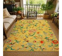 KTYUTJDH Alfombras orientales vintage de flores amarillas, verdes, rojas, naranjas, beige y blancas, cuadradas, 100 x 100 cm, alfombra decorativa lavable para salón, dormitorio, cocina