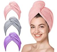 KU 3 Piezas Toalla Microfibra Pelo, Turbante para Secar el Cabello, Súper Absorbente y de Secado Rápido, Cuidado del Cabello, Dormir (Polvo, Morado, Gris)