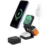 KU XIU X55 Turbo Qi2.2 25W Cargador Inalámbrico para Magsafe, Plegable Estacion de Carga 3 en 1, Magnetico Wireless Charger Base para iPhone 17-12 & Watch & AirPods, Adaptador Incluido, Negro