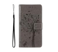 kuaijiexiaopu Fundas Embossing Cat Tree Protective Case, Flip Card Wallet Stand Cover Compatible with iPhone 16 E 6.1 Inch(Grey)