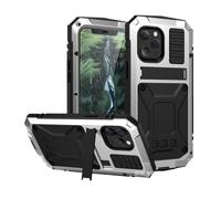 kuaijiexiaopu Fundas Full-Body Rugged Armor Shockproof Protective Case, Kickstand Aluminum Metal Glass Cover Compatible with iPhone 16 Plus(Silver)