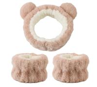 KUAIYIJU 1 juego de diadema elástica para mujer, diadema de ducha y muñequera con orejas de oso de felpa, para lavar la cara, diadema de maquillaje en casa