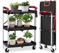 KUANGGE Carrito Plegable para Herramientas, Carrito de Herramientas de 3 Niveles con Ruedas bloqueables, Carrito de Servicio Plegable, Carrito de plástico Resistente de 75 kg, Carrito de Servicio pl