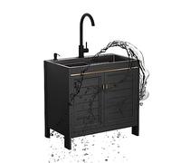 KUANGGE Fregadero de Acero Inoxidable para Catering, Fregadero Independiente de Color Negro con Unidad de escurridor y Grifo de Agua fría y Caliente y estantes de Almacenamiento para lavandería, Gar