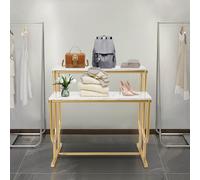 KUANGGE Mesa de exhibición de 2 Niveles para Tiendas de Ropa, Zapatos, Bolsos, Sombreros, Carteras, cosméticos, Joyas, Manualidades, Flores, Alimentos, Organizador de Mesa de exhibición, Dorado