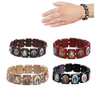 Kuashidai 4 pulseras elásticas de madera con rosario de Jesús, con imágenes de santos religiosos, católicos, diosa santa, oración, manifestación, 2.17 inch, Madera