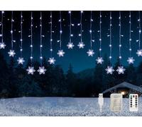 Kuataty Cortina de luces con copos de nieve, para interiores, 2 x 1 m, con pilas, USB, iluminación navideña, ventana con temporizador, cadena de luces LED de color blanco frío con mando a distancia