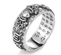 Kucheed Anillo Feng Shui PiXiu Mantra, Anillos de Dedo de Buena Suerte Budistas de Plata,Joyería Mani Amulet Mantra,Banda de Protección Riqueza Amor Salud,Regalo de Anillo Ajustable Abiertos (H)