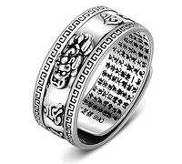 Kucheed Anillo Feng Shui PiXiu Mantra, Anillos de Dedo de Buena Suerte Budistas de Plata,Joyería MANI Amulet Mantra,Banda de Protección Riqueza Amor Salud,Regalo de Anillo Ajustable Abiertos (J)