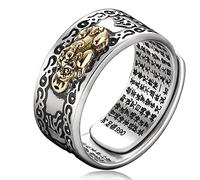 Kucheed Anillo Feng Shui PiXiu Mantra, Anillos de Dedo de Buena Suerte Budistas de Plata,Joyería Mani Amulet Mantra,Banda de Protección Riqueza Amor Salud,Regalo de Anillo Ajustable Abiertos (A)