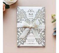 KUCHYNEE 20 tarjetas de invitación de boda cortadas con láser con cintas y sobres para invitaciones de graduación de cumpleaños de compromiso de despedida de soltera (brillo plateado)
