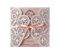 KUCHYNEE - Tarjetas de invitación de boda (20 unidades), color blanco y rosa cortada con láser con encaje flora para boda, boda, boda, boda, compromiso, cumpleaños, invitaciones