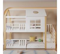 Kuczn Cama infantil litera de 90 x 200 cm, cama alta con ventana, techo y escalera de almacenamiento, cama doble, cama juvenil con somier y protección contra caídas, cama de casa de pino, sin colchón