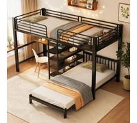 Kuczn Litera 90 x 200 cm, cama alta con escritorio y estación de carga | Cama individual con 3 estantes, cabecero y 2 plazas, cama juvenil con protección anticaída y somier, sin colchón