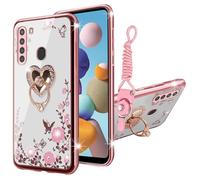 KuDiNi Funda para Galaxy A21 Samsung A21 para mujer Girly Glitter Crystal Soft TPU Bling Cute Butterfly Heart Floral Clear Protective Cover con K