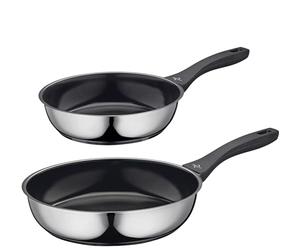 KÜCHENPROFI COOK ROMA - Juego de 2 sartenes con revestimiento antiadherente sin PFAS, base multicapa, para inducción, horno a 180 °C, acero inoxidable, borde alto, diámetro de 24 y 28 cm