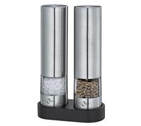 Küchenprofi OHIO - Molinillo de pimienta y sal (2 molinillos eléctricos, mecanismo de cerámica, acero inoxidable, plástico de alta calidad, con posavasos, también para hierbas secas)