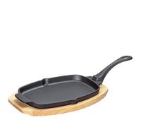Küchenprofi - Sartén de hierro fundido sobre tabla de madera, ovalada, 30 x 19 x 2,5 cm, con mango extraíble y pico vertedor, sartén grill de hierro fundido para verduras, pescado y carne para cualquier barbacoa