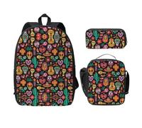 KUEhhhr Flosers and Sugar Horror Skull Print - Bolsa escolar + estuche + bolsa de almuerzo para uso diario