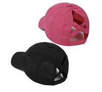Kueohse 2 Piezas Gorra de BéIsbol con de Caballo Entrecruzada para Mujer Gorro de con MoñO Desordenado Alto de Secado RáPido Sombrero de Viaje al Aire Libre, Rosa + Negro