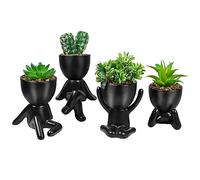 Kueohse 4 Maceteros Suculentos Artificiales, Mini DecoracióN Suculenta de CeráMica en Maceta, Macetas Negras Creativas con Forma, Macetas PequeñAs