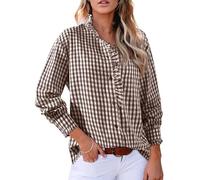 Kueohse Blusa Informal de Larga con Cuello en V, Volantes y Botones para Mujer, Estilo Informal, A Cuadros, para el Trabajo Marrón L