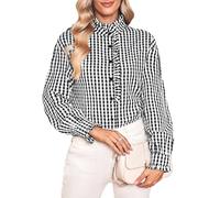 Kueohse Blusa Informal de Larga con Cuello en V, Volantes y Botones para Mujer, Estilo Informal, A Cuadros, para el Trabajo Negro XL