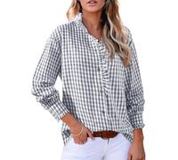 Kueohse Blusa Informal de Larga con Cuello en V, Volantes y Botones para Mujer, Estilo Informal, A Cuadros, para el Trabajo Gris M