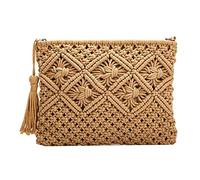 Kueohse Bolsa de AlgodóN Tejida una Mano para Mujer Bolsa Tejida de Paja Bolso del TeléFono MóVil del Monedero Bolso de Mano Bolsa de Borlas Caqui