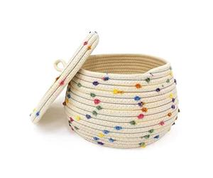 Kueohse Cesta PequeñA de Cuerda con Tapa, Cesta de Almacenamiento PequeñA y Redonda Tejida con Tapa para Organizar, PequeñA Cesta Decorativa para Juguetes