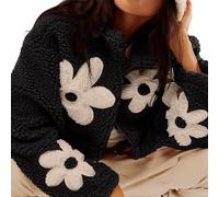 Kueohse Chaqueta de Forro con Estampado Floral para Mujer, Abrigo Corto de Invierno con Cremallera, Informal, de Larga y con Bolsillos. Negro XXL