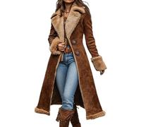 Kueohse Chaqueta Larga Midi de Ante Sintético con Forro para Mujer, Gabardina de Invierno con Solapa de Marrón L