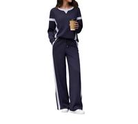 Kueohse Conjunto de Chándal de 2 Piezas para Mujer, Jersey con Bloques de Color, Pantalones de Pierna y Sudadera A Juego Marino S