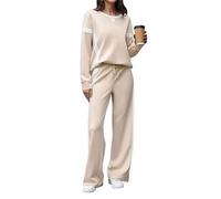 Kueohse Conjunto de Chándal de 2 Piezas para Mujer, Jersey con Bloques de Color, Pantalones de Pierna y Sudadera A Juego Crema XL