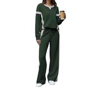 Kueohse Conjunto de Chándal de 2 Piezas para Mujer, Jersey con Bloques de Color, Pantalones de Pierna y Sudadera A Juego Verde Oscuro XL