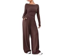 Kueohse Conjunto de Dos Piezas para Mujer: Top de Larga con Cuello y Pantalón de Pierna Marrón M
