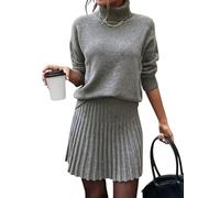 Kueohse Conjunto de Suéter y Falda para Mujer, 2 Piezas, Suéter de Punto Acanalado con Cuello Alto y Minifalda de Corte A Gris M