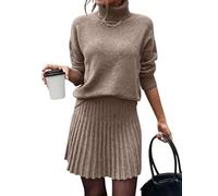 Kueohse Conjunto de Suéter y Falda para Mujer, 2 Piezas, Suéter de Punto Acanalado con Cuello Alto y Minifalda de Corte A Marrón S