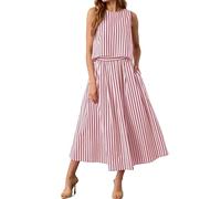 Kueohse Conjuntos de Falda de 2 Piezas para Mujer, Camisetas Sin Mangas A Rayas de Verano, Vestido Midi, Conjuntos de Vacaciones A Juego. Rojo S