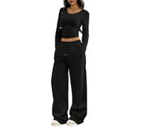 Kueohse Conjuntos de Ropa de Lounge A Juego de 2 Piezas para Mujer, Pantalones de Pierna Más Cómodos, Sudaderas Y2K, Atuendo de Otoño, Negro, XS.