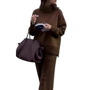Kueohse Conjuntos Informales de Invierno de Dos Piezas para Mujer: Sudadera de Cuello Redondo, Pantalones Anchos y Holgados, Chándal de Punto, Conjuntos de Otoño. Marrón L